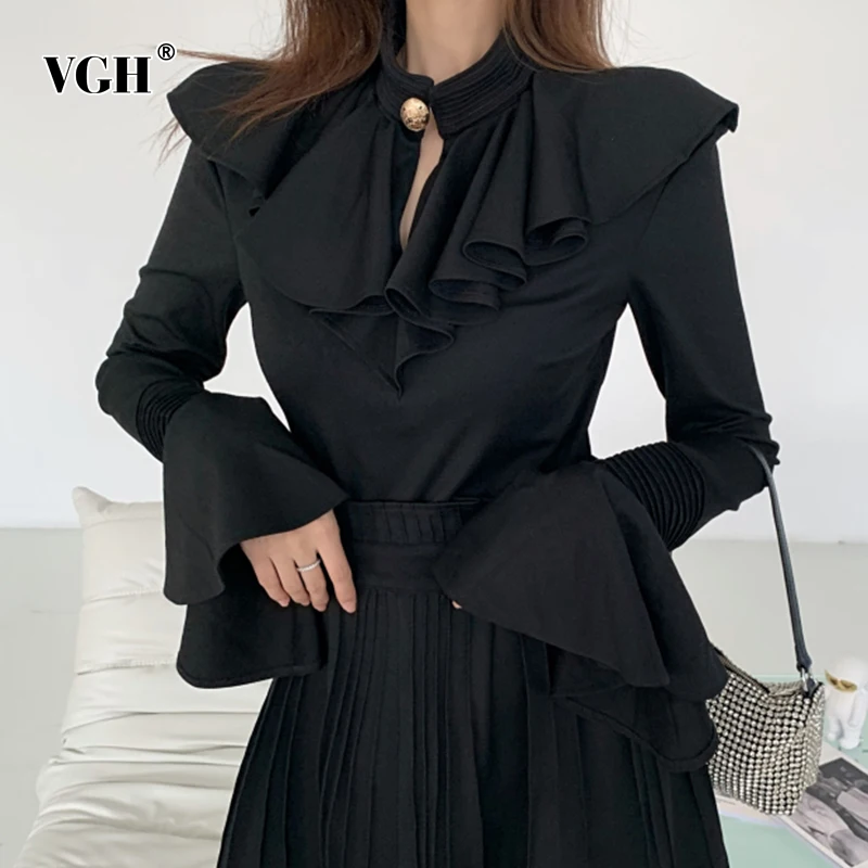 

Женская блузка с оборками VGH, черная Облегающая рубашка с круглым вырезом и длинным рукавом, с вырезами, осенняя одежда, 2021