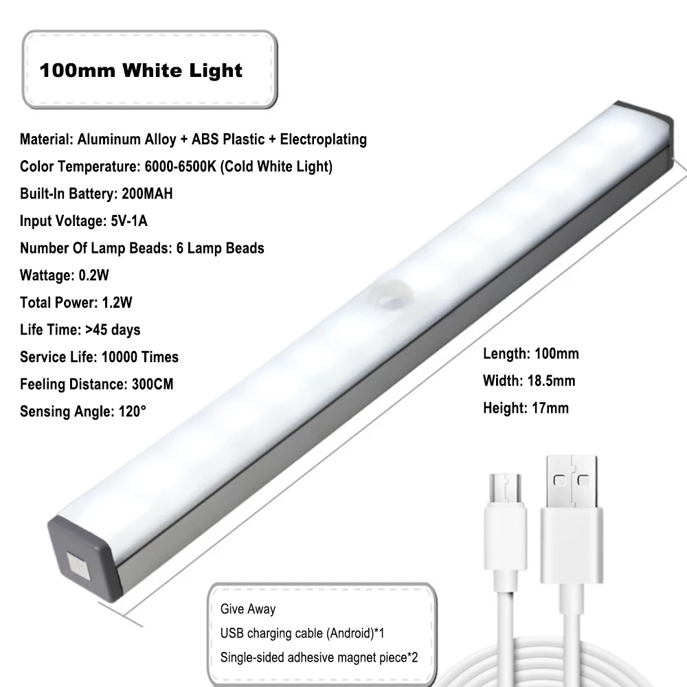 

100 mm Smart LED Closet Light For Kitchen Bedroom Under Cabinet Light PIR Motion Sensor Human Induction Cupboard Wardrobe Lamp