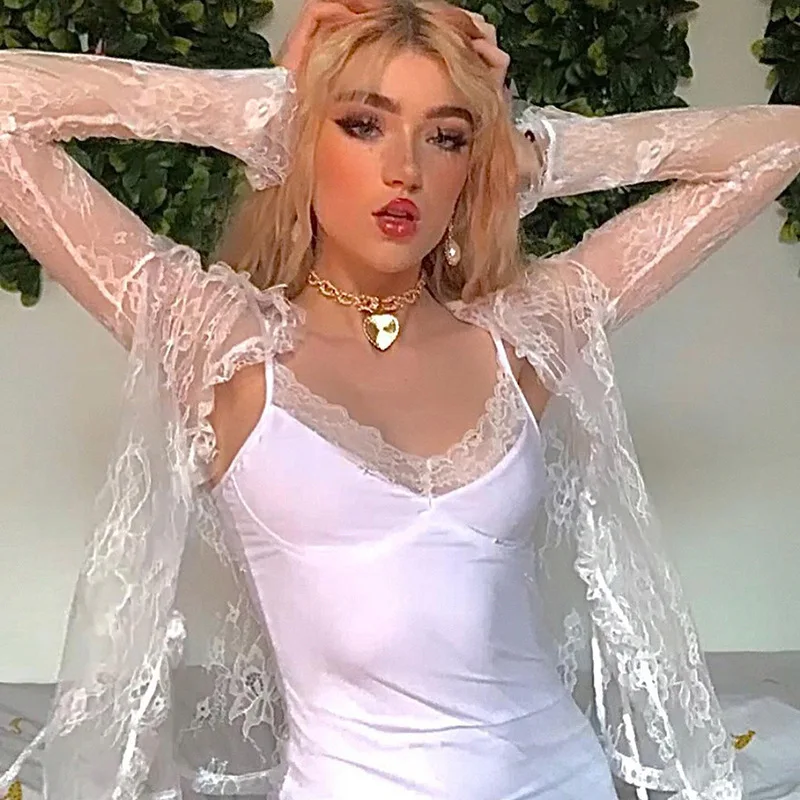 

2000s Kawaii Y2K Lace Cardigan Tops Women See Through Sexy Mesh T-Shirt Tie V Neck Long Sleeve Cute Aesthetic Tee White