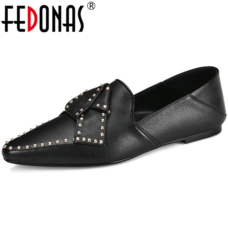 

FEDONAS Metal Rivets Platforms Flats Genuine Leather Low Heels Summer Shoes For Women Concise Casual Woking Shoes Woman Heels