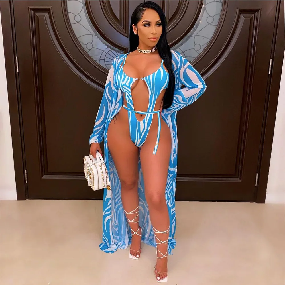 Oluolin Women 3 Piece Set Bikini Summer Hollow Out Strap Swimwear Bathing Suits and Long Chiffon Cover Up Outfit Beach Suit