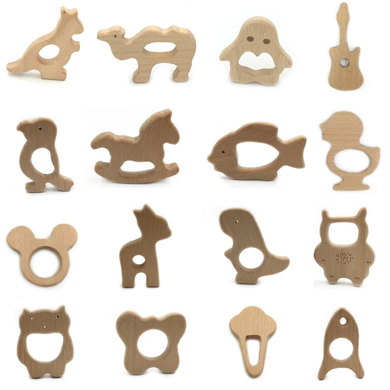 Mordedor de madera de haya Natural hecho a mano para reci&eacute;n nacido, bonito Animal de dibujos animados, 100 Uds.-5