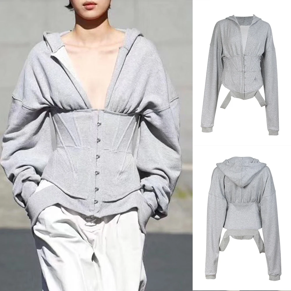 Sfit Женская толстовка на молнии тонкий серый корсет модный спортивный