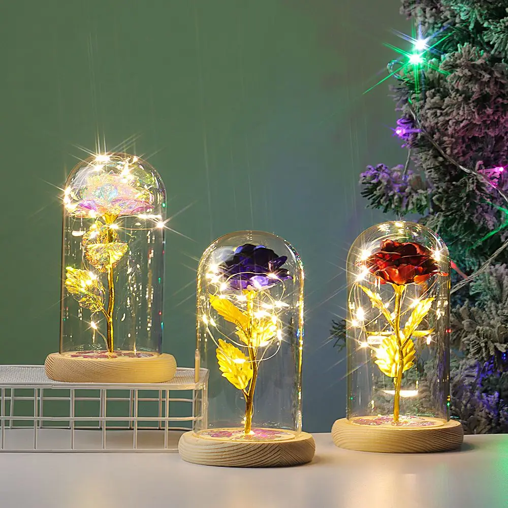 

Подарок ручная работа светящиеся светодиодные рождественские валентинки 24K фольга из золота Искусственные цветы вечные розы цветы в стекл...