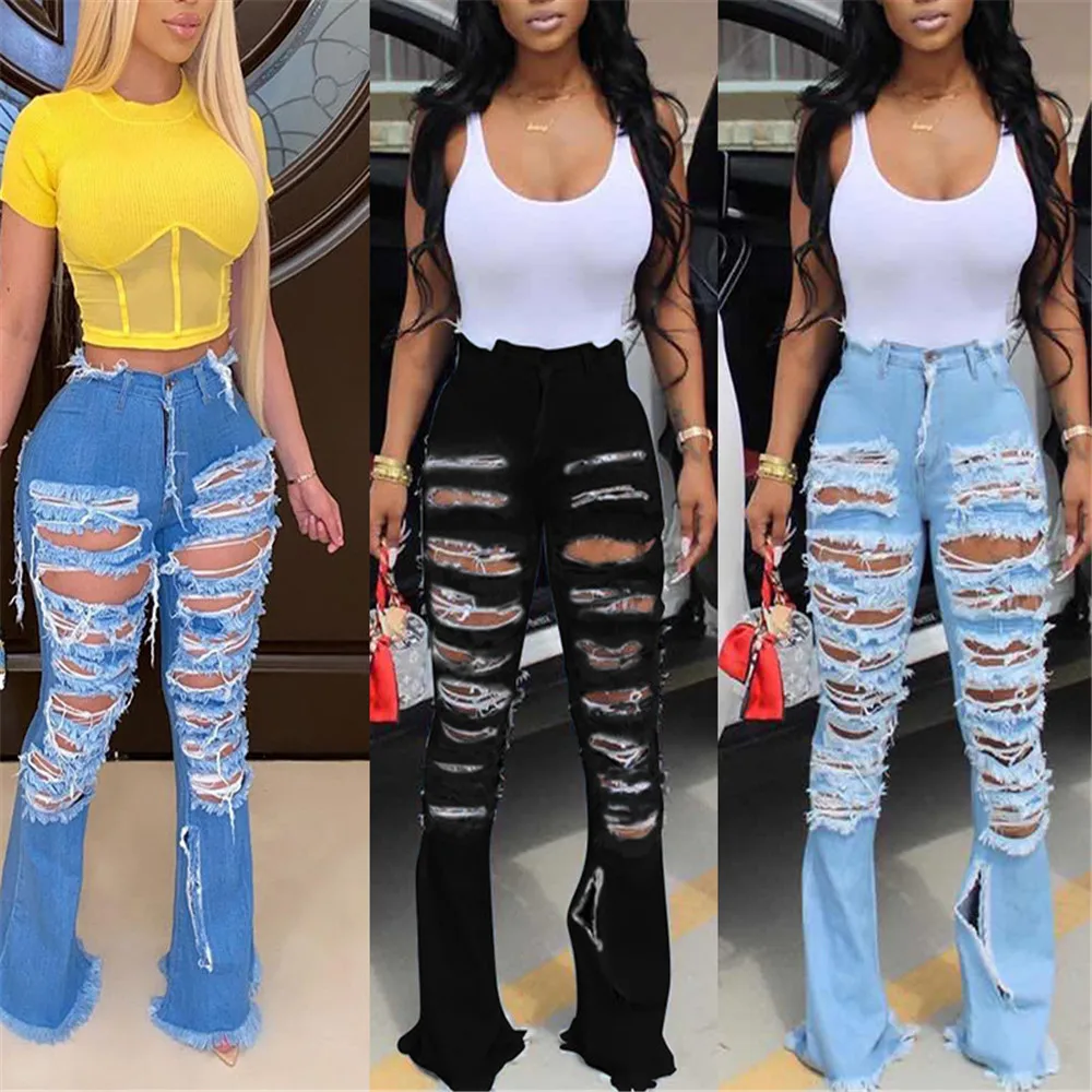 

Plus Size Women Jeans Ripped Holes High Waisted Skinny Flared Pants Long Trousers Ladies Fashion 2020 Summer Sexy Blue Denim