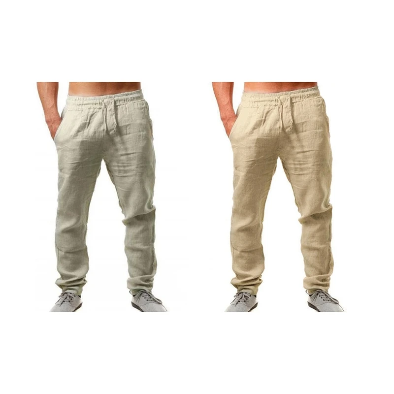 

Брюки мужские из хлопка и льна, свободные штаны, однотонные шаровары, брюки в стиле хип-хоп, XXXL, хаки и темные хаки, 2 шт.
