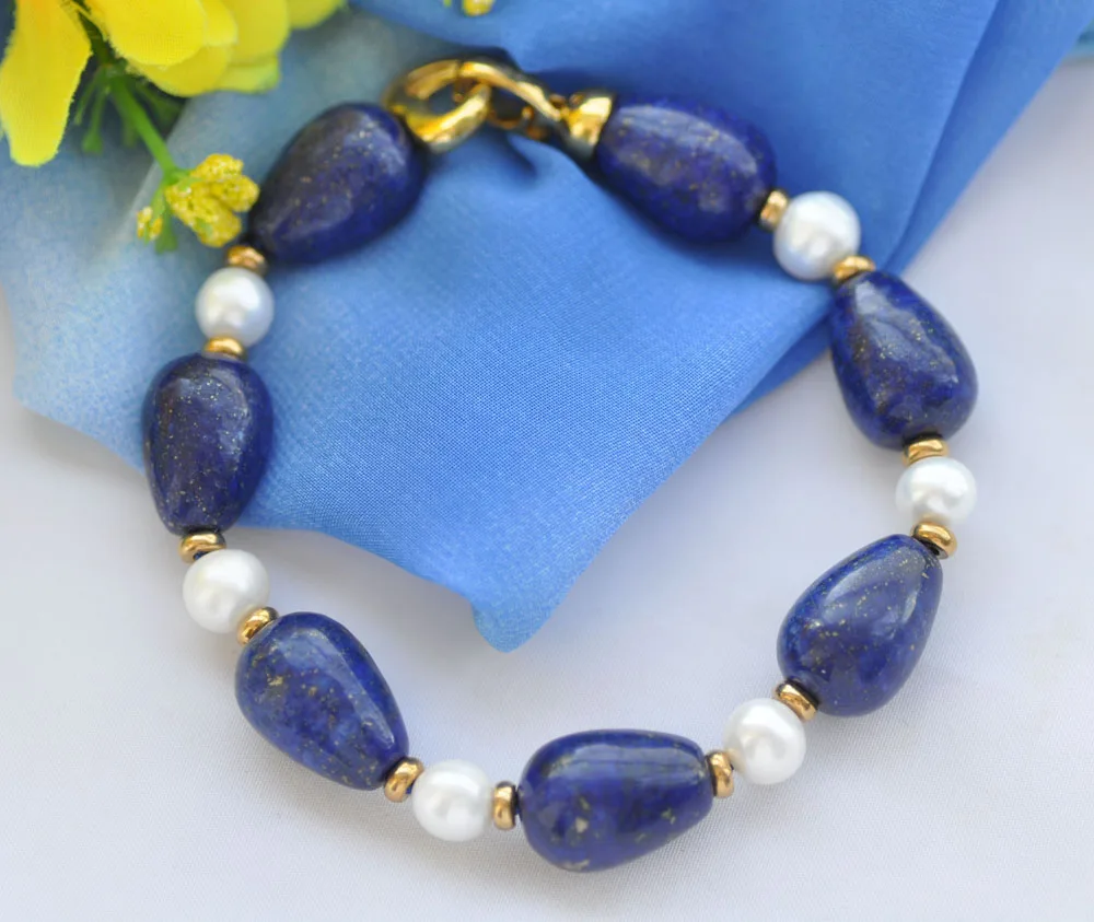 

P7710 8" 18mm Blue Drop lapis lazuli White Pearl Bracelet
