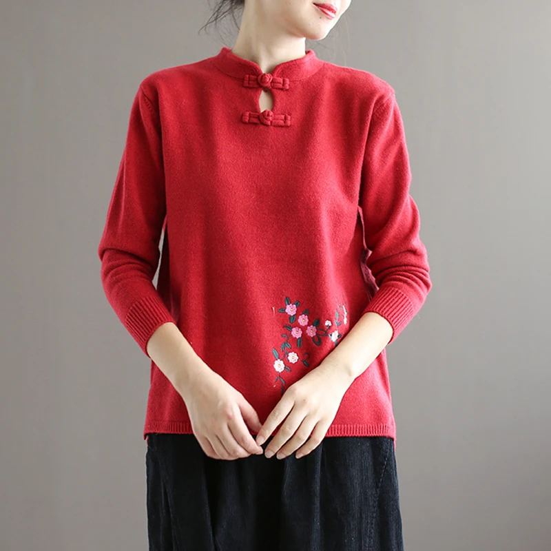 Женский вязаный свитер Johnature свободный с длинными рукавами и вышивкой в