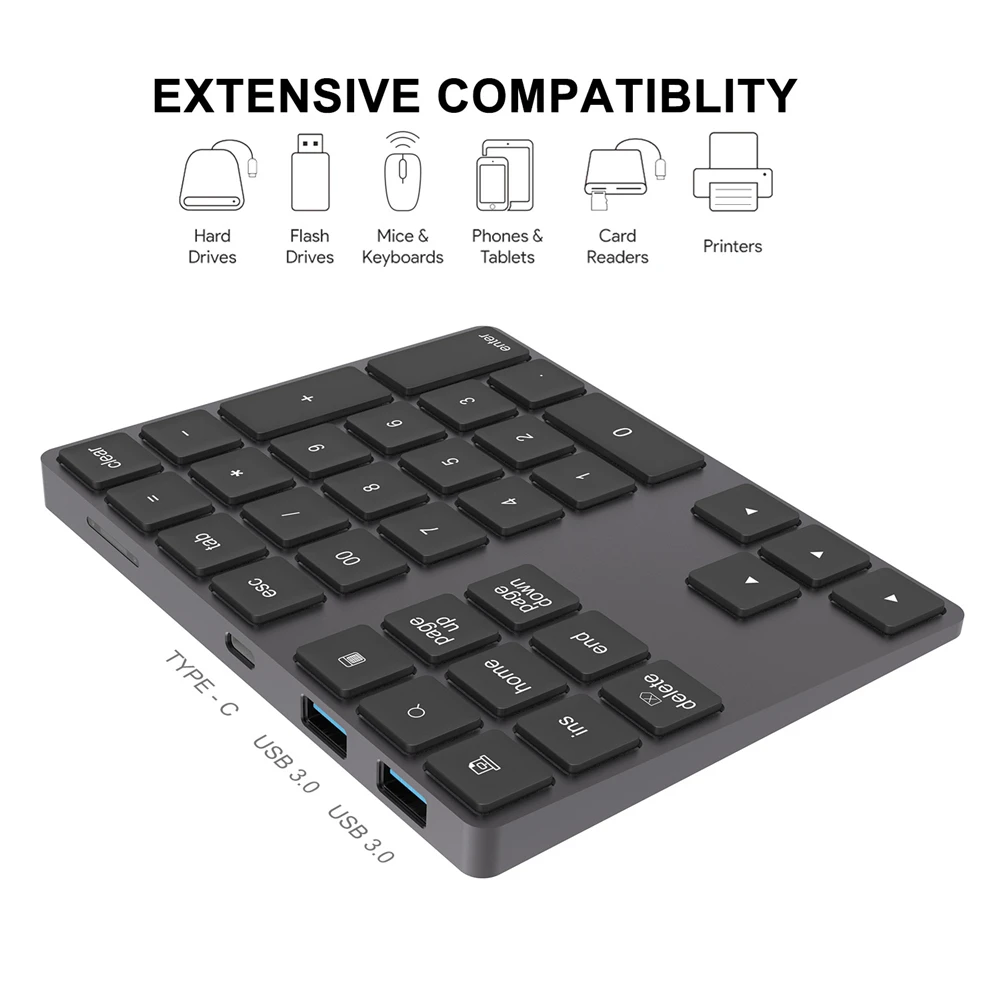 

Aluminum Alloy Bluetooth Wireless Numeric Keypad with USB HUB Digital Input Function for Windows Mac OS Android laptop PC