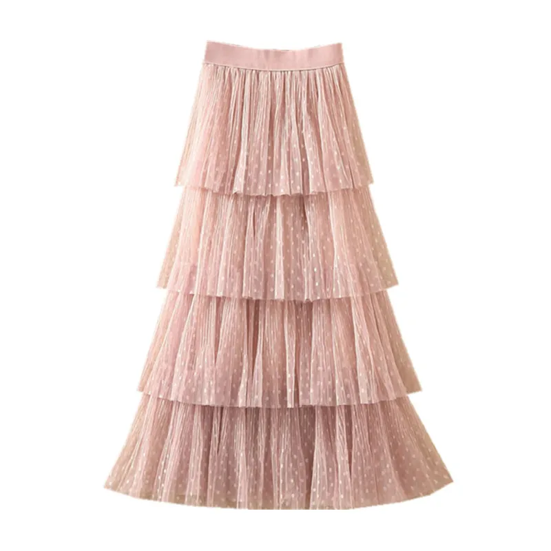 

Cake white gauze skirt bust 2020 new pleated long tall waist skirt whom multi-level wave point fairy veil