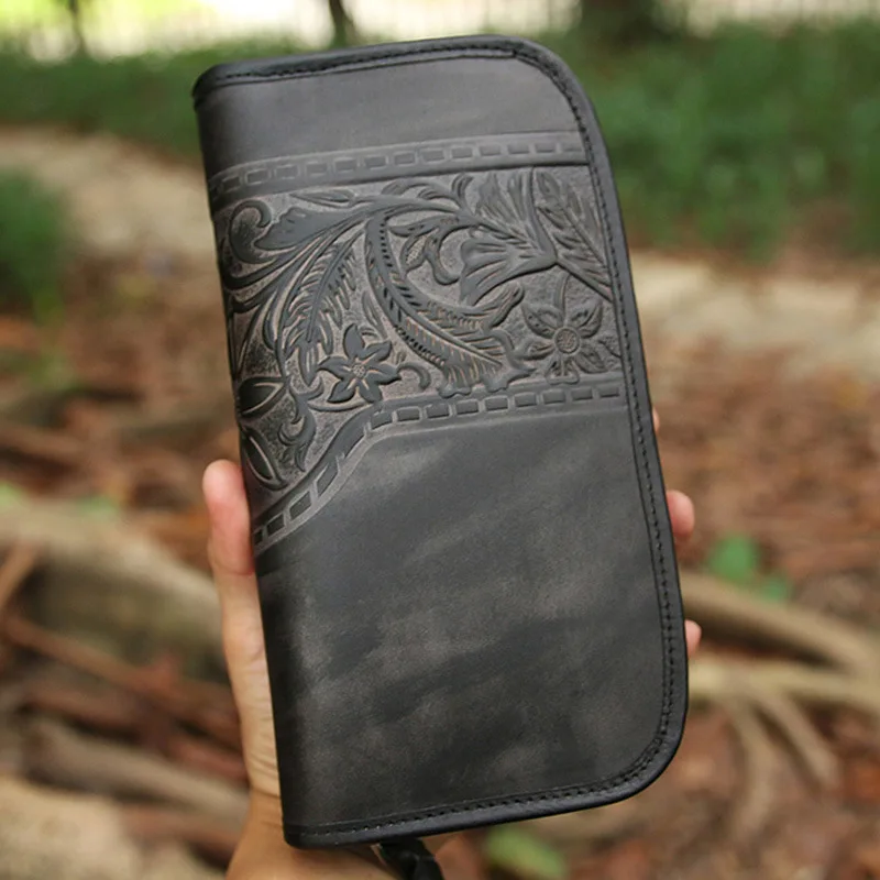 

Johnature Vintage Large Clutch Wallet 2021 New Handmade Leather Carved Unisex Wallets Card Holder Genuine Leather Floral Purse