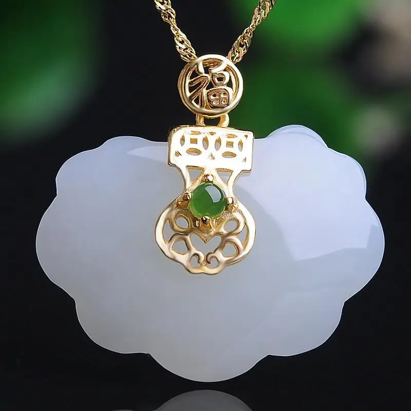 

925 Silver Hetian Jade Lucky Longevity Lock Jade Pendant Natural Jade Pendant Pendant with Certificate