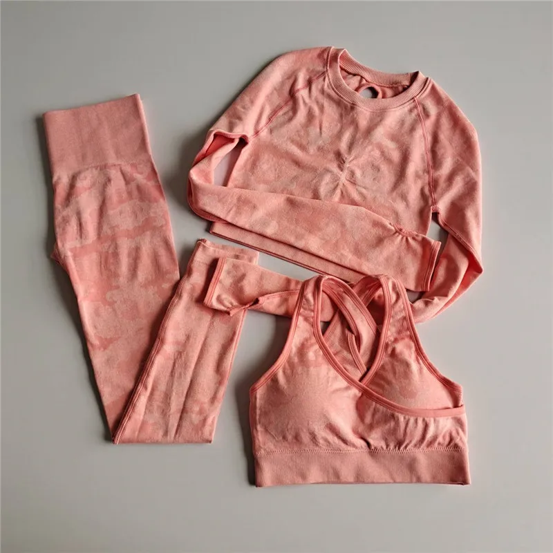 

New Hot Women Yoga Set Camo Seamless Sports Wear Fitness Clothing Yoga Leggings Sport Bra Long Sleeve Crop Top Gym Sports Suits