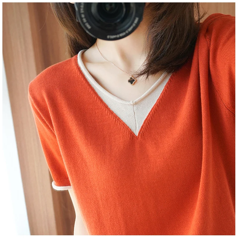 2021 базовый однотонный летний свитер с V-образным вырезом пуловер Женский вязаный