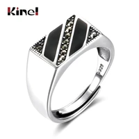 kinel real pure mens ring silver 925 natural black zircon enamel jewelry vintage punk hiphop rock sterling silver rings