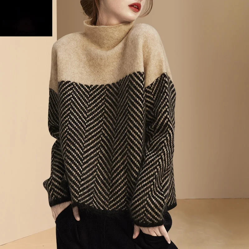 Женский трикотажный свитер с высоким воротником и длинным рукавом | Женская