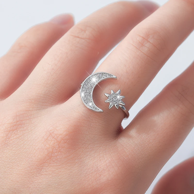 

Hot Sale Ladies Korean Style Silver Color Moon and Sun Adjustable Opening Ring Party Banquet Birthday Holiday Jewelry