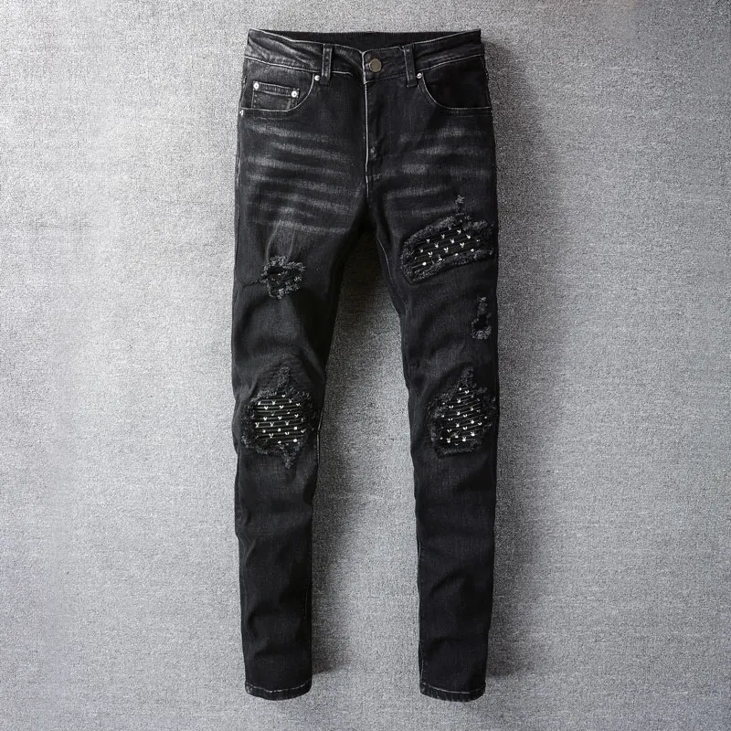 American Street Style Fashion Men Jeans Black Color Elastic Slim Fit Ripped Jeans Men Patches Designer Hip Hop Denim Hole Pants