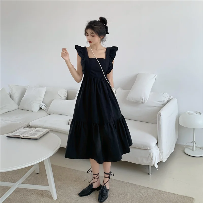 

Hong Kong Style Hepburn French Square Collar Sexy Hot Girl Black Backless Bow Elegant Slim A- line Dress for Women Summer