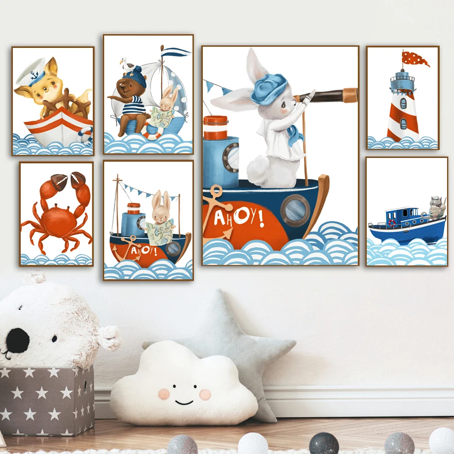 

Cartoon Captain Rabbit Bear Crab Ship SeaSailing Wall Art Canvas Painting Nordic Poster And Prints Wall Pictures Kids Room Decor