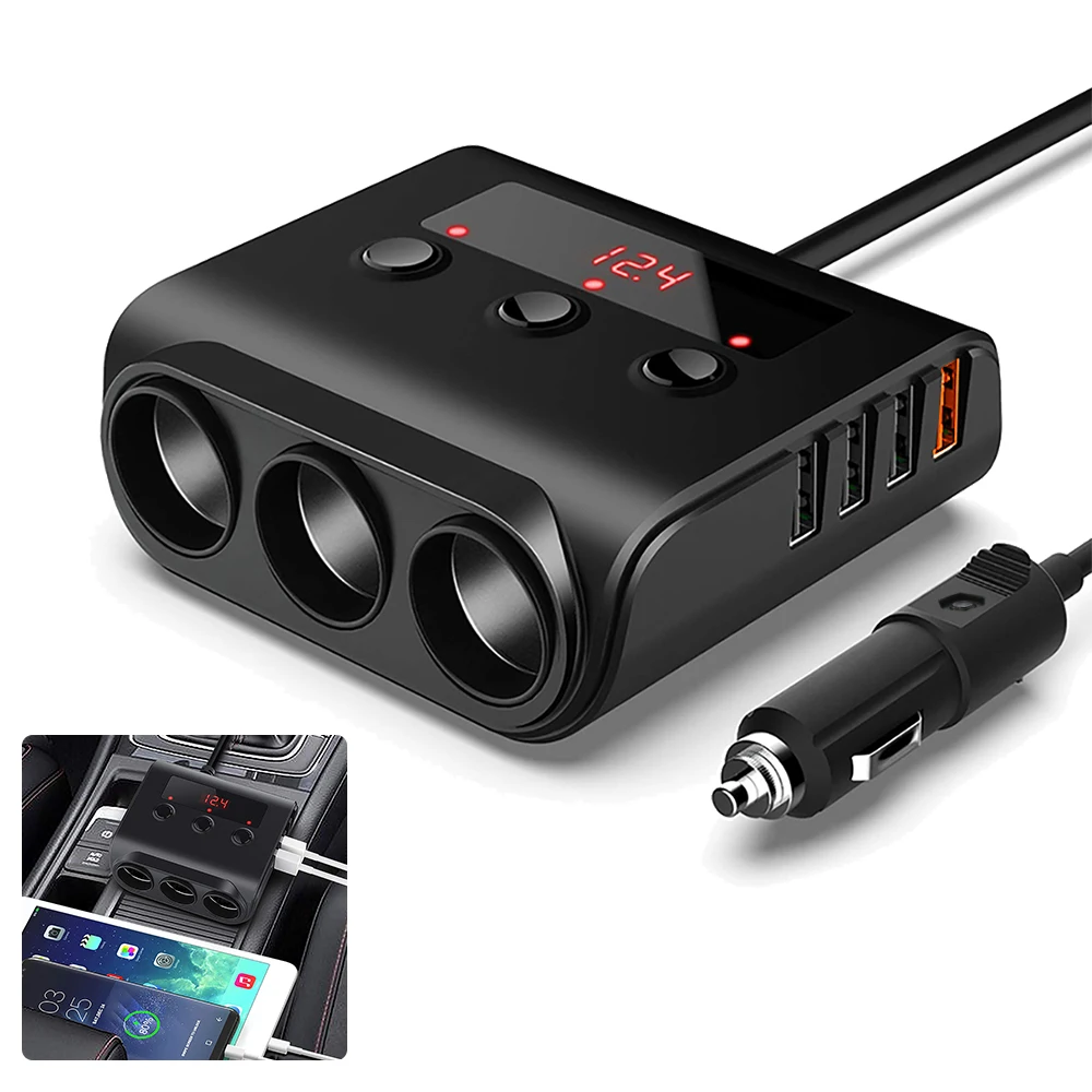 

Адаптер прикуривателя 7-в-1, 12 В/24 В, QC 3,0, универсальное автомобильное зарядное устройство с 4 USB-портами для зарядки и 3 гнездами для прикурива...