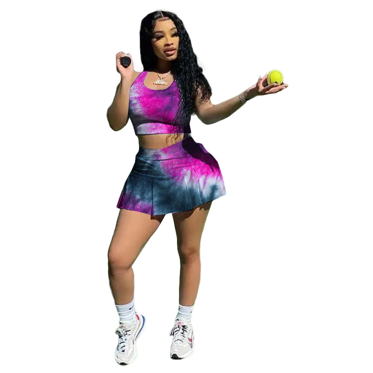 

Summer Fashion Two Piece Women's Clothing Sexy Sleeveless Vest Personality Tie Dye Nightclub Casual Sports Style Culottes Suit