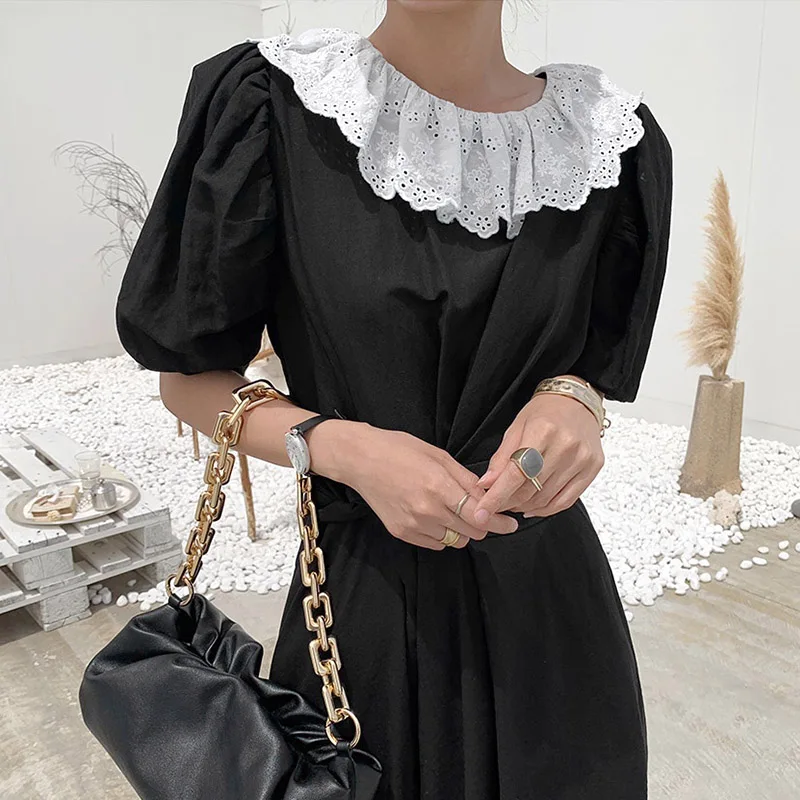 

Korejpaa Women Dress 2021 Summer Korea Fashion Elegant Temperament O Neck Hollow Lace Crochet Stitche Lace Bubble Sleeve Vestido