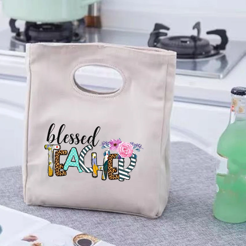 

Blessed Teacher Print Portable Lunch Bags Thermal Insulated Bento Box Totes Cooler Handbag School Foods Storage Pouch Best Gifts
