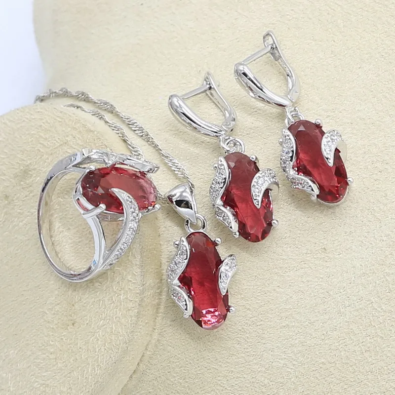 Red Ruby Silver Color Wedding Jewelry Set for Women Bracelet Earrings Necklace Pendant Ring Gift Box | Украшения и аксессуары