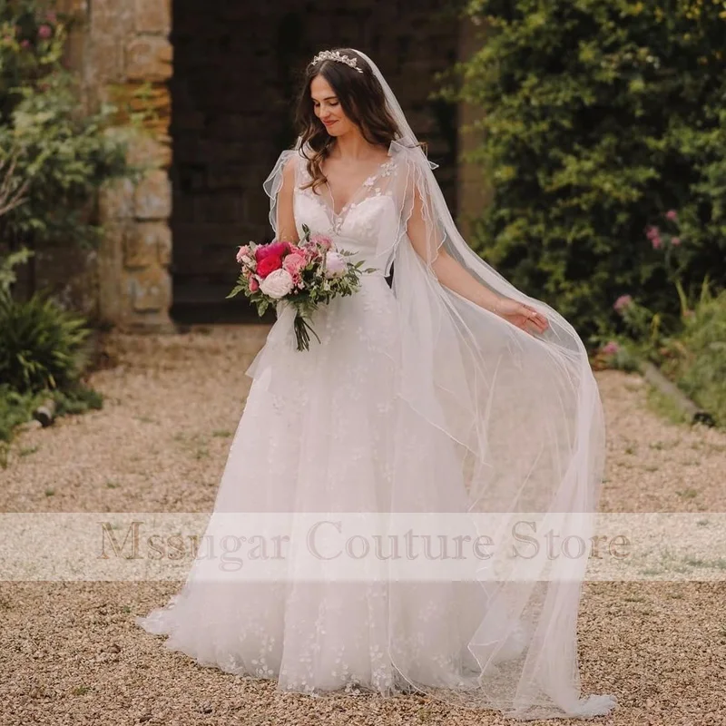 

2021 New Wedding Party Dresses Tulle V-neck Appliques A-line Bridal Gowns Infomal Party Dress Robe de mariage