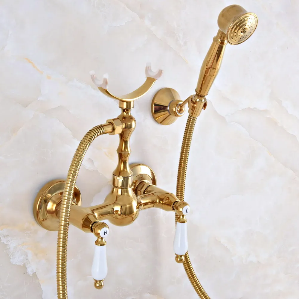 

Полированный роскошный золотистый латунный настенный смеситель для ванной комнаты, набор для душа с шлангом 1,5 м, Ручной смеситель с распылителем Dna932