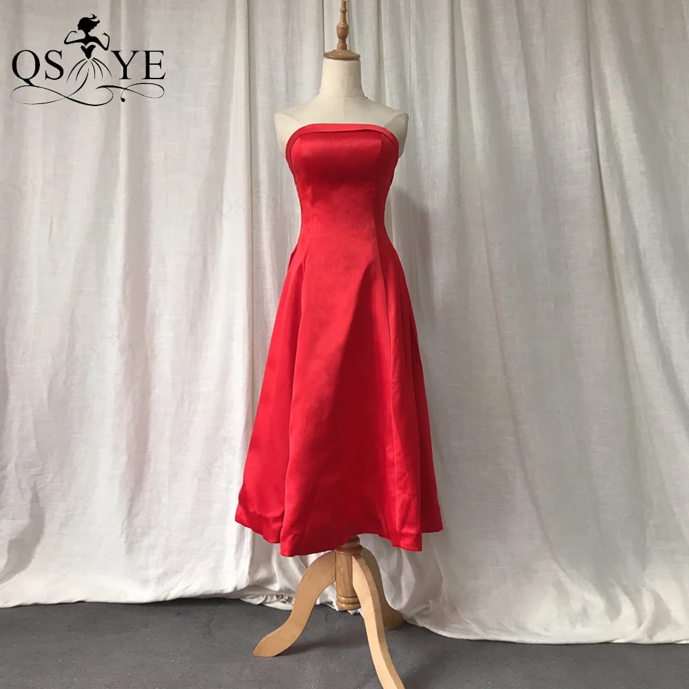 

QSYYE Red Short Homecoming Dress Satin Strapless Neck Prom Gown Graduation Back to School Off the Shoulder Girl Lady Party Gown