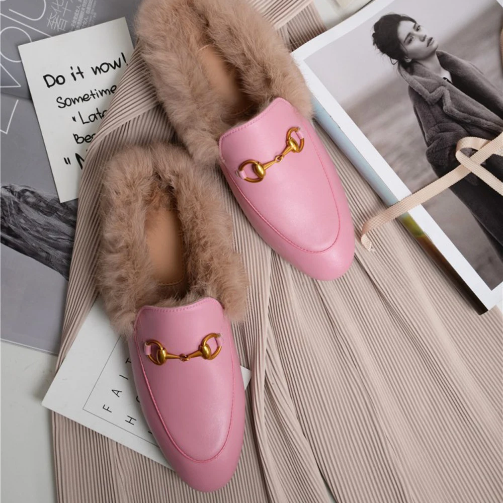 Fur Pink Leather VISI HOP/ г.; модные Настоящий мех кролика; Шлепанцы из натуральной кожи; женские пушистые тапочки; зимняя теплая обувь - Цвет: Fur Pink Leather