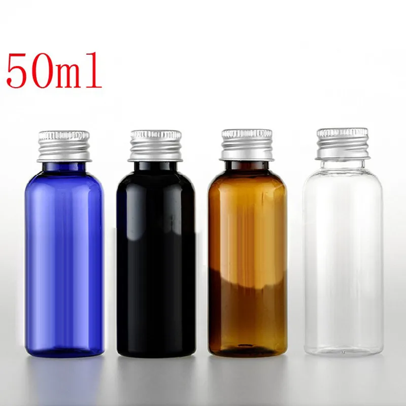 

(100pcs )50ML black PET plastic bottle with aluminum cap with insert,1.7OZ Transparent cream bottle