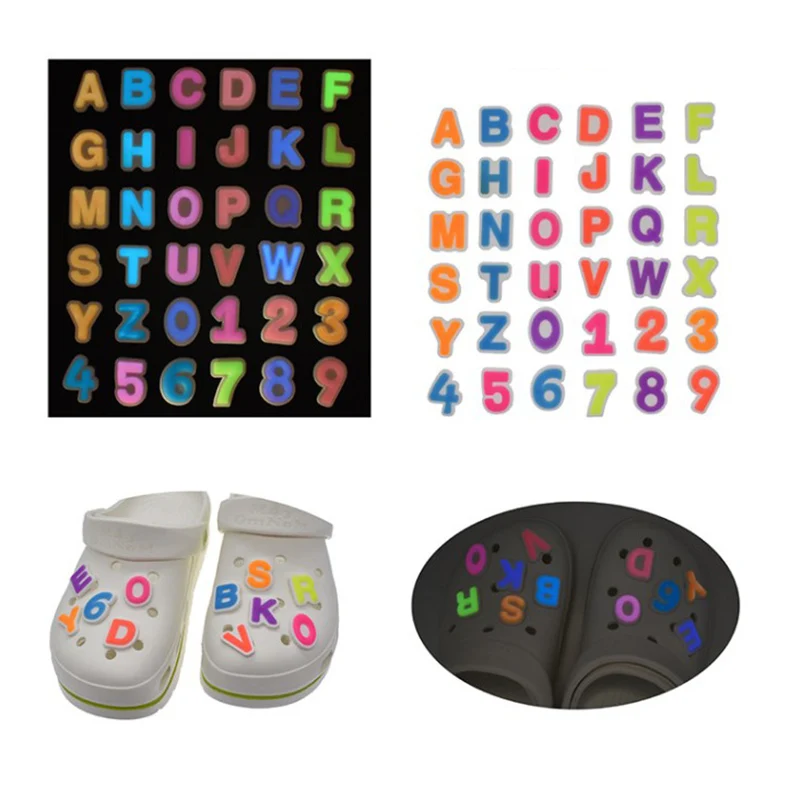 

Симпатичные ПВХ и пряжки, 26 Английских Букв, флуоресцентные светящиеся подвески для обуви из ПВХ с цифрами, аксессуары для обуви для детей и ...