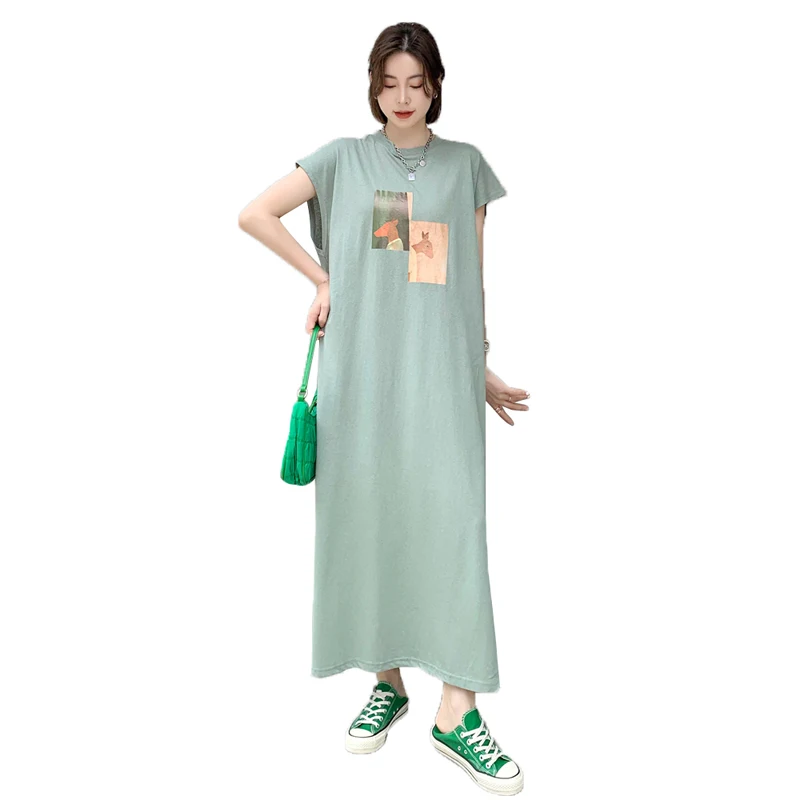 

NYFS модовые боковые летнее платье с разрезом от бедра с О-образным вырезом длинное платье без рукавов для девочек Vestidos, принт в Корейском сти...