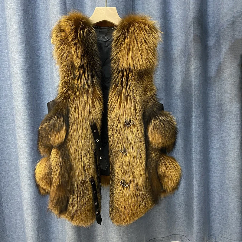 

SHZQ Winter Women Vest Real Fox Fur Waistcoat Natural Genuine Leather Fox Fur Long Gilet Female Full Pelt Coats Sleeveless