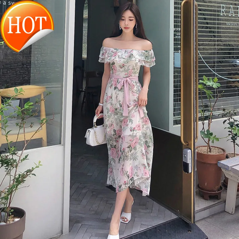 

Dress Lady Xia 2021 new style temperament goddess fan Ruffle shoulder chiffon print fairy skirt