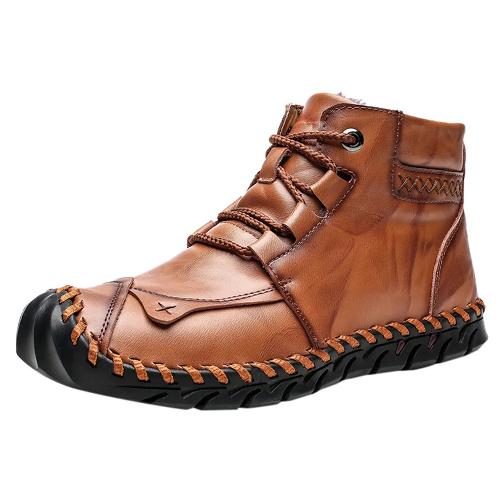 Fashion Men Shoes Large Size British Style Hand-Stitched Casual Warm Non-slip Boots warm shoes men Comfortable Brown Lazy | Обувь