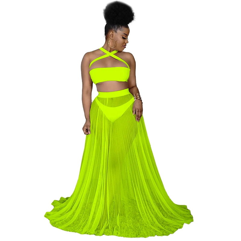 

Fluo Green/White/Red Solid 3 Piece Bikini Set Summer Criss Cross Halter Crop Top+Underpant+Mesh See Through Pleated Long Skirts
