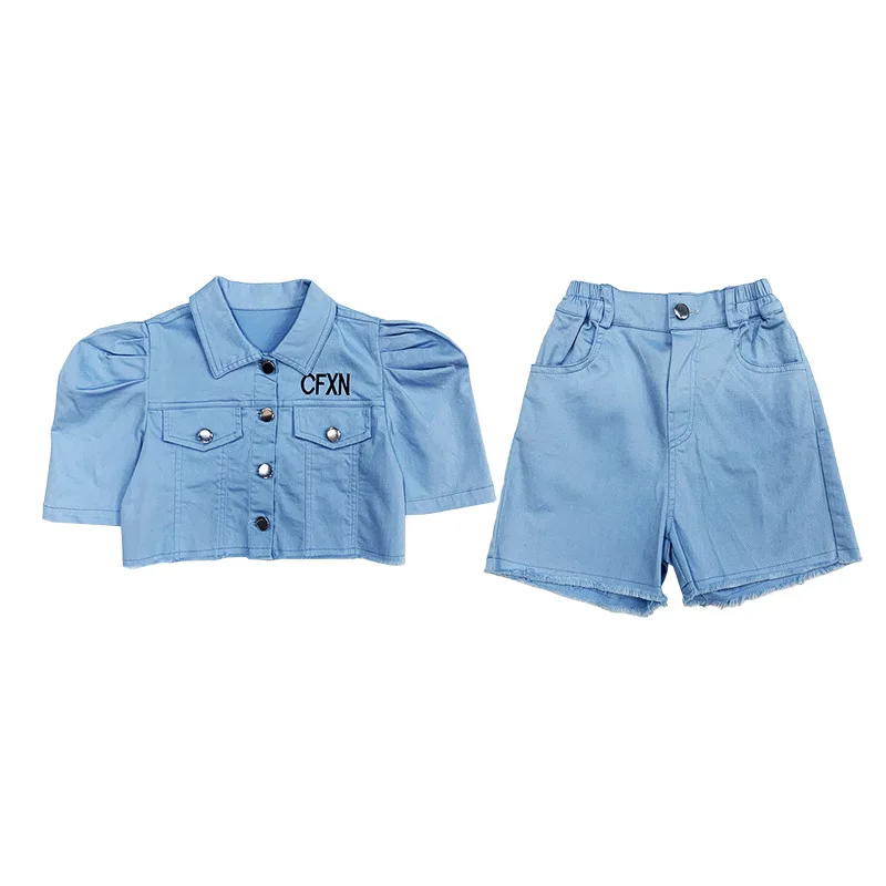 

Girls Workwear Set 2021 Summer New Girl Puff Sleeve Short Jacket Shorts Two-piece Set