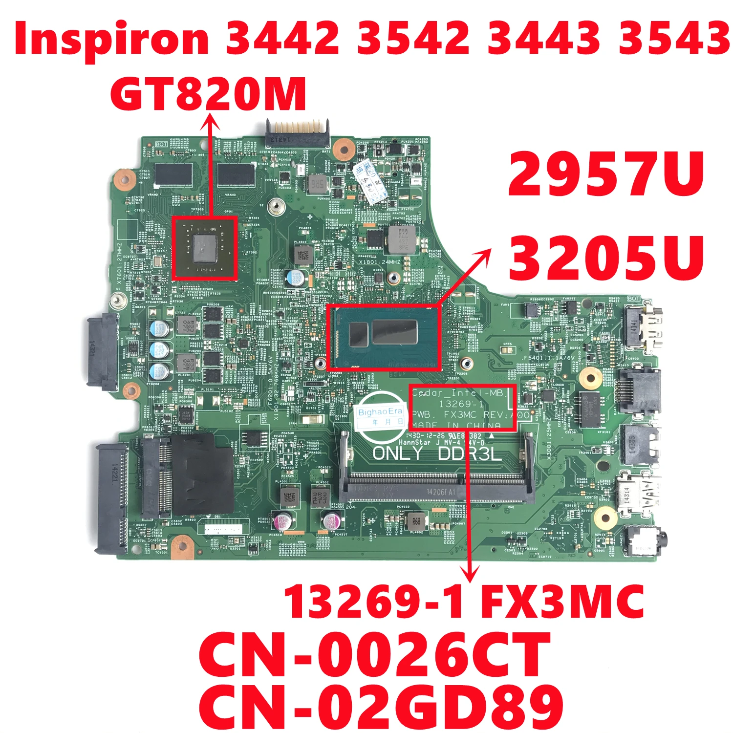 CN-0026CT 026CT CN-02GD89 2GD89  dell Inspiron 3442 3542 3443 3543    13269-1  3205U 2957U