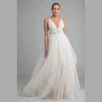 classic a line tulle wedding dresses sleeveless v neck floor length tiered lace aplliques bride gowns vestido de casamento