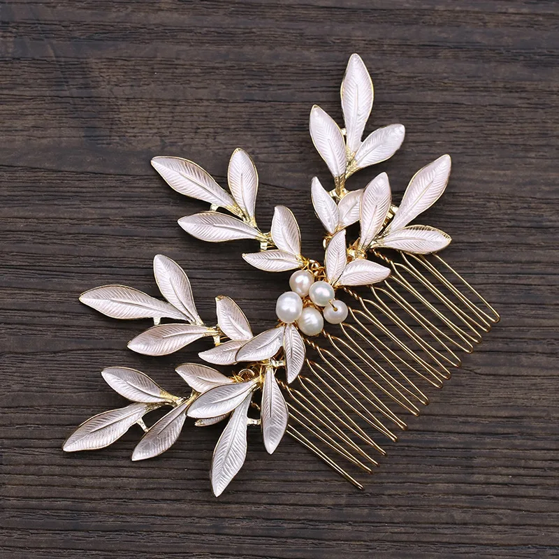 Alloy leaf shape insert comb freshwater pearl hair wedding dress accessories photo studio retro shooting bridal | Свадьбы и