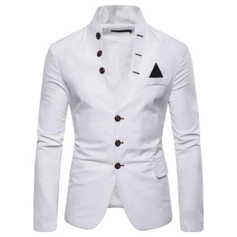 2020 Spring Men's Stand Collar Button Decoration Slim Fit Blazer / Male High Quality Casual Solid Color Suit Jacket Coat | Мужская