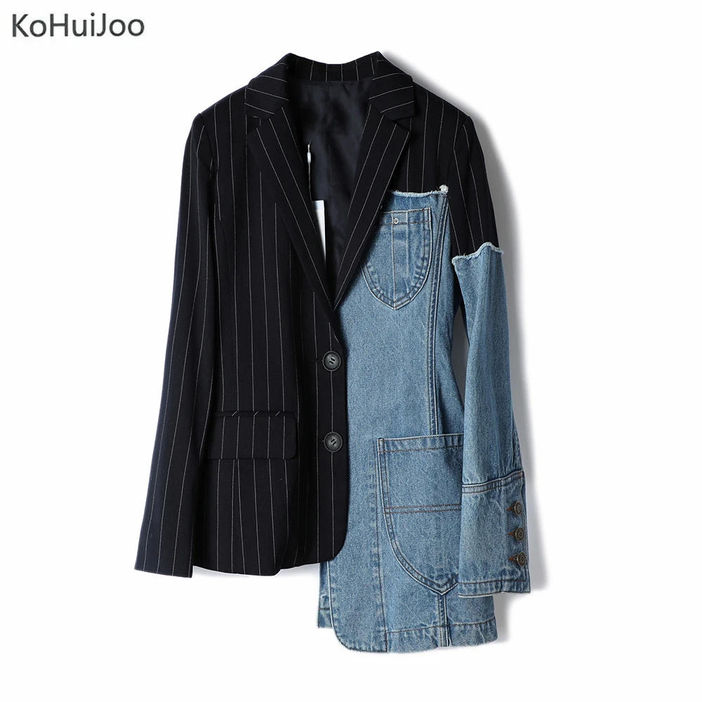 Женский блейзер куртка Дизайнерский полосатый Джинсовый в стиле пэчворк Длинные