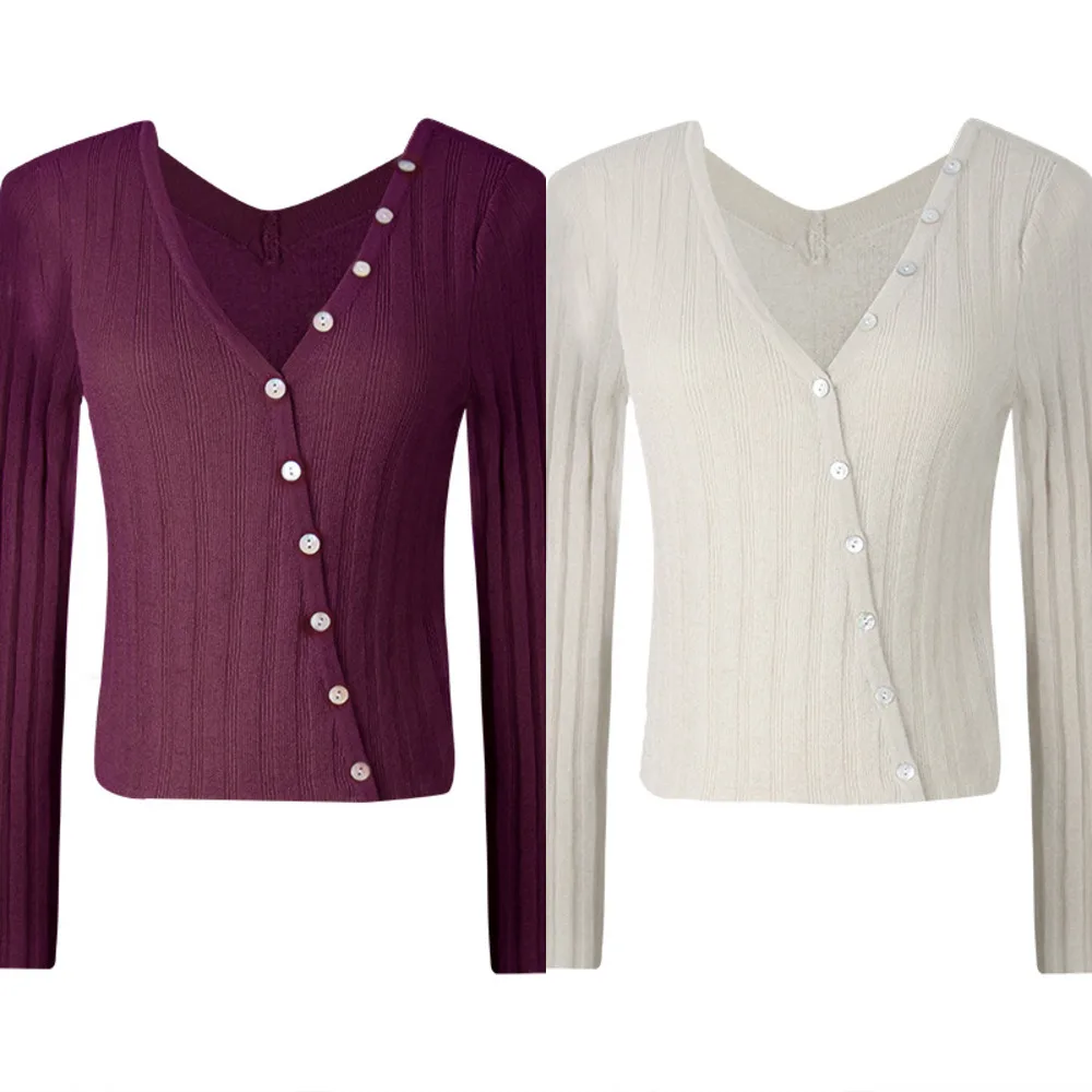 

2020 Autumn New Women's Knitted Cardigan Simple V-neck Single Row Diagonal Button Long-sleeved thin Sweater Women QB908
