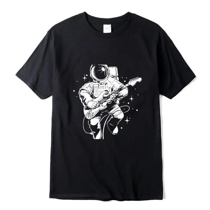 Men's Casual High Quality Cotton Short Sleeve T-Shirt Funny Astronaut Plays Guitar Print Mentshirt O-Neck T-Shirt Men