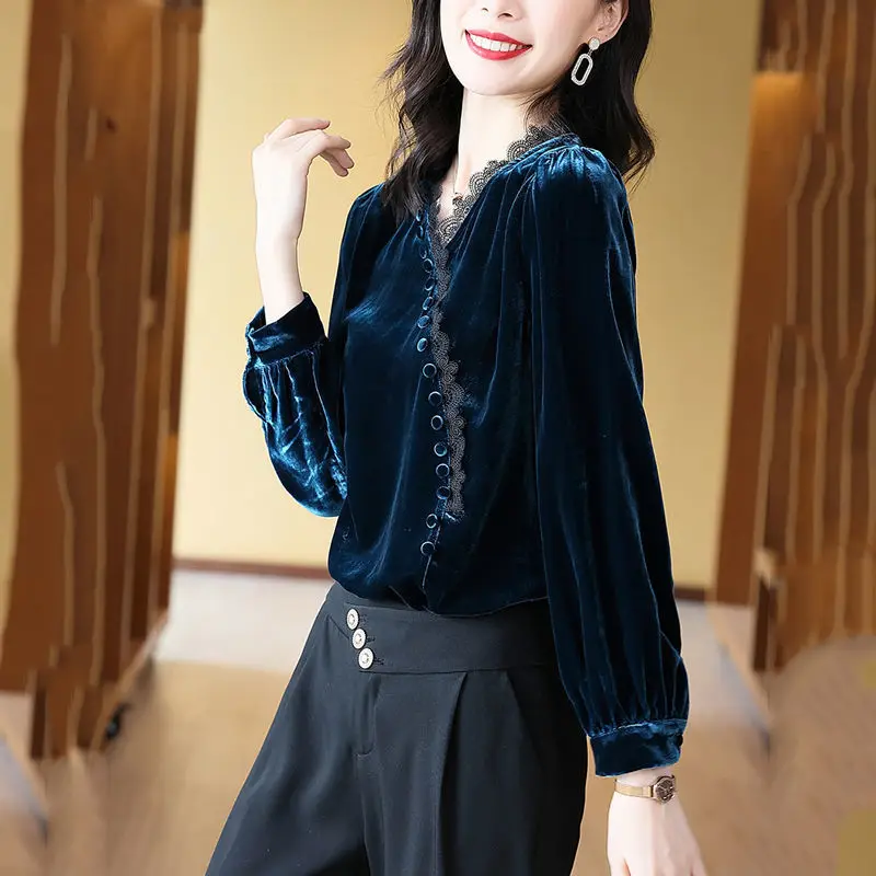 Женская блузка свободного покроя золотистая бархатная на осень/зиму новинка 2023