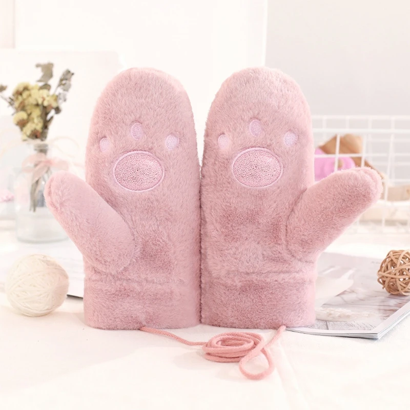 

Toddler Kids Winter Fluffy Plush Full Finger Gloves Cartoon Bear Paw Embroidery Windproof Thermal Mittens with String